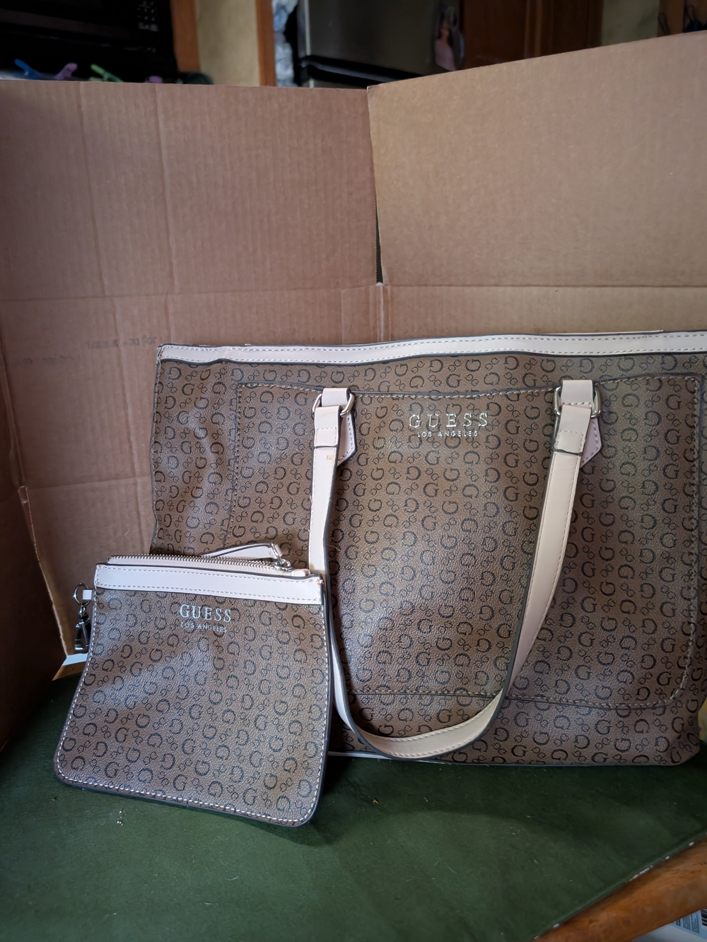 GUESS Brown Monogram Tote with Removable Pouch